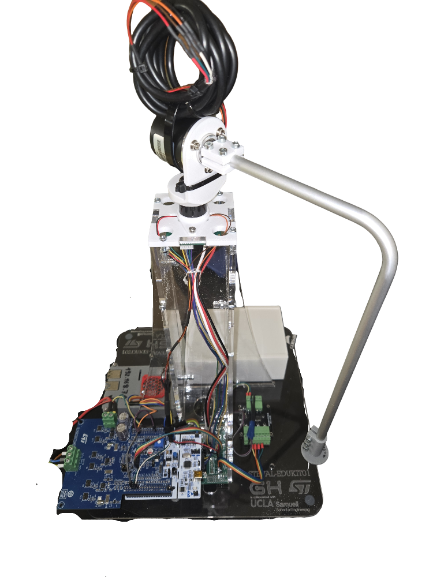 The assembled BLDC rig: NUCLEO controller and IHM08M1 driver stacked on the kit base, maxon brushless motor on top, aluminium pendulum arm hanging at rest